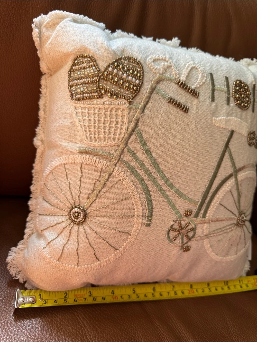 Embroidered Bicycle Decorative Pillow - White/Silver